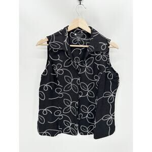Carole Little Vest Women MEDIUM Black Floral Embroidered Button Down 100% Silk